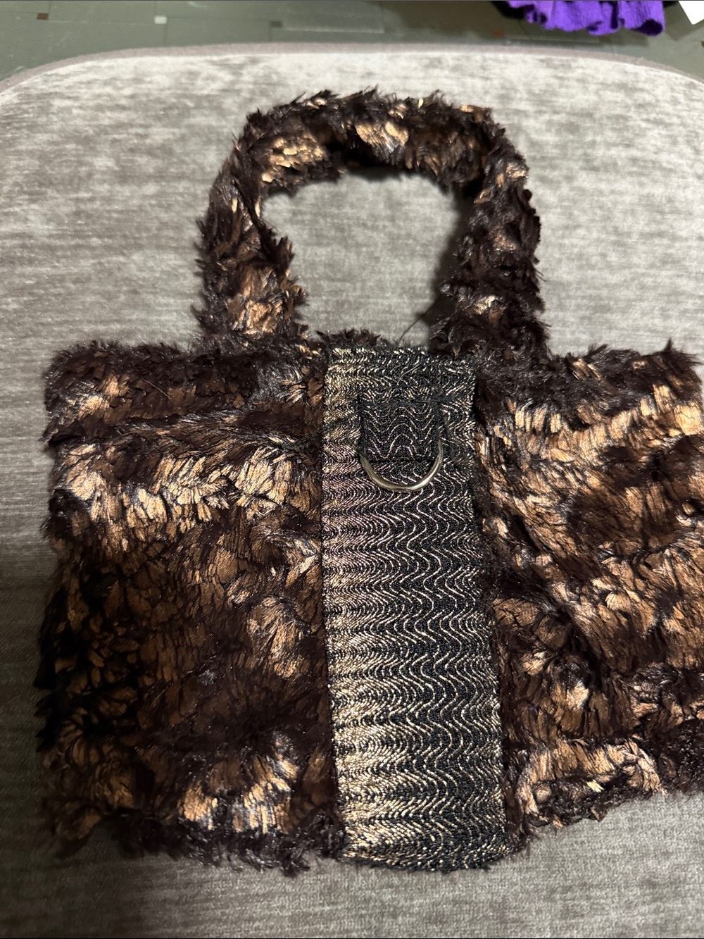 Plush Faux-Fur Dog dress in Dark Brown with Metallic Accents